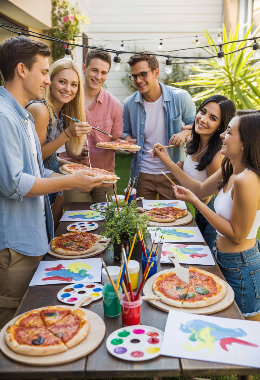 A group of people enjoying a casual engagement party outdoors, painting on canvases and sharing pizza around a wooden table decorated with art supplies and food.